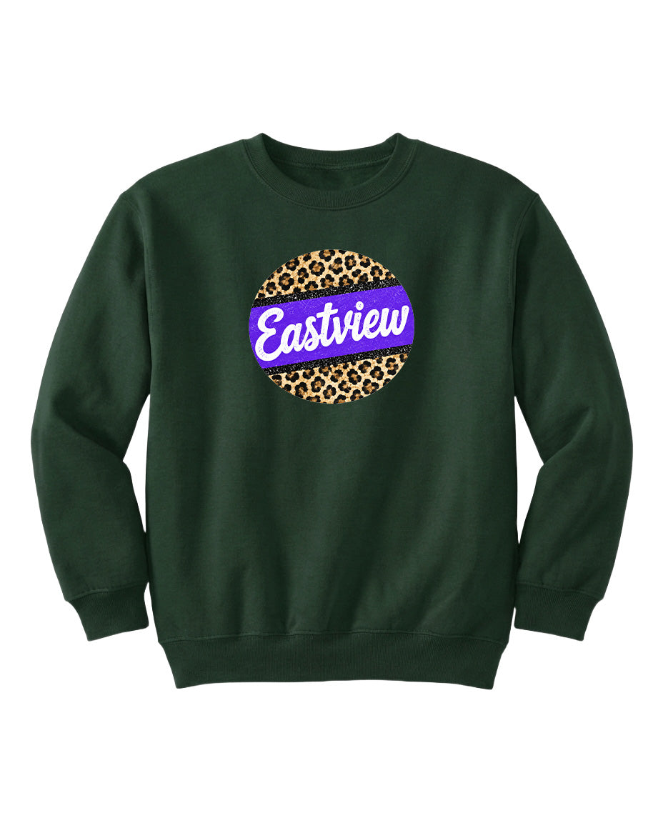 A dark green sweatshirt with a large circular logo on the front. The logo features a leopard print design and the word "Eastview" written in purple text.