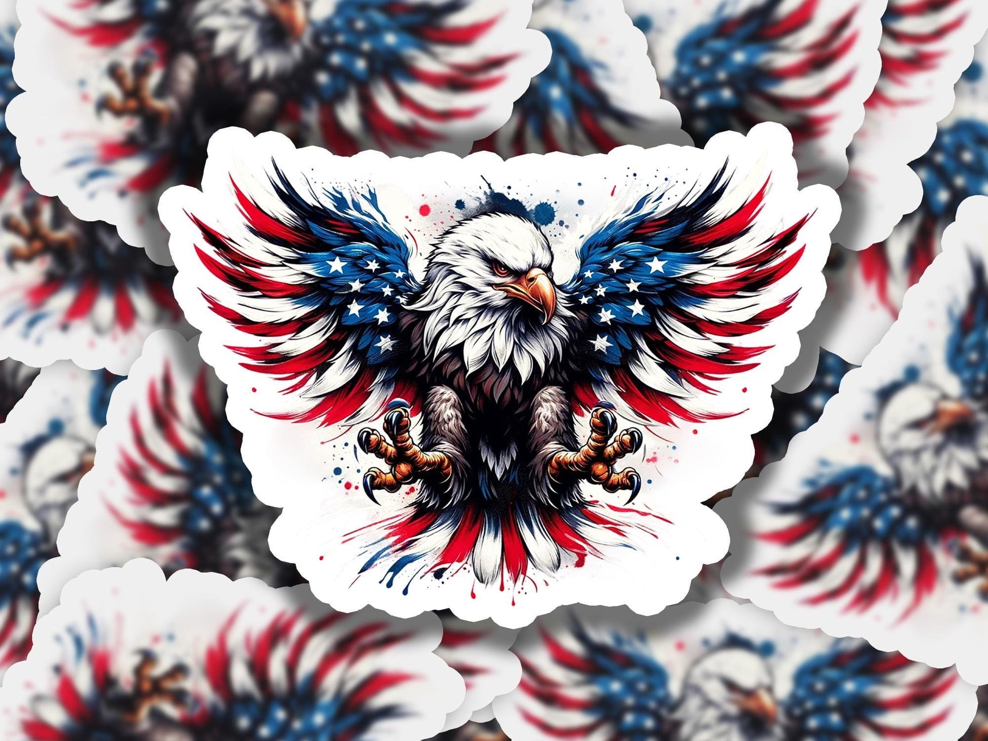 a sticker of an eagle with red, white, and blue wings