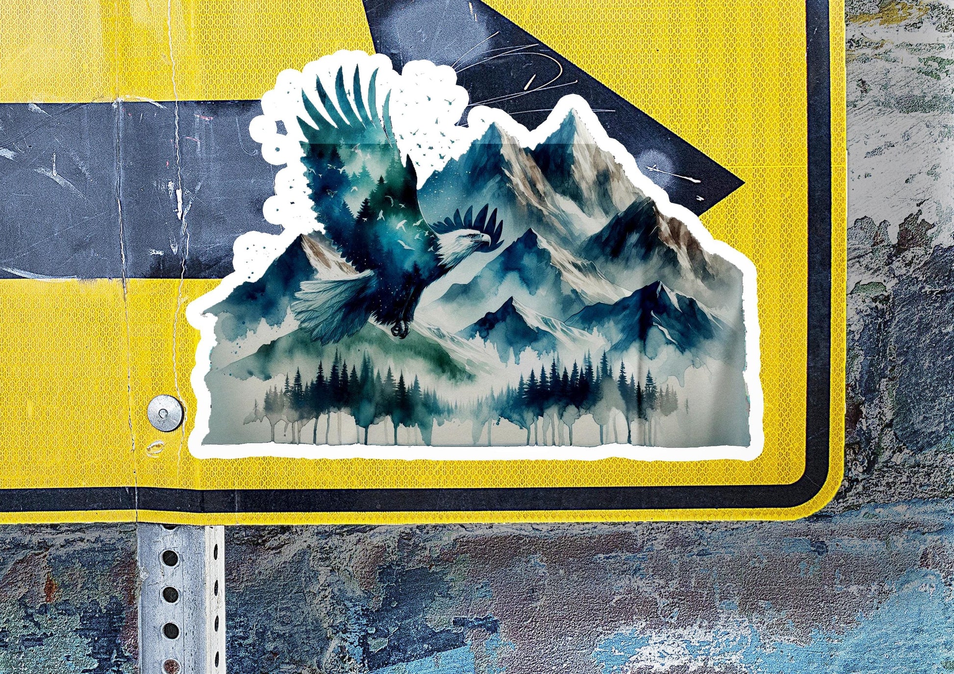 a sticker of a mountain with trees on it