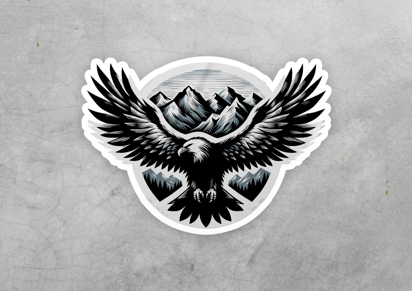 a sticker of an eagle with mountains in the background