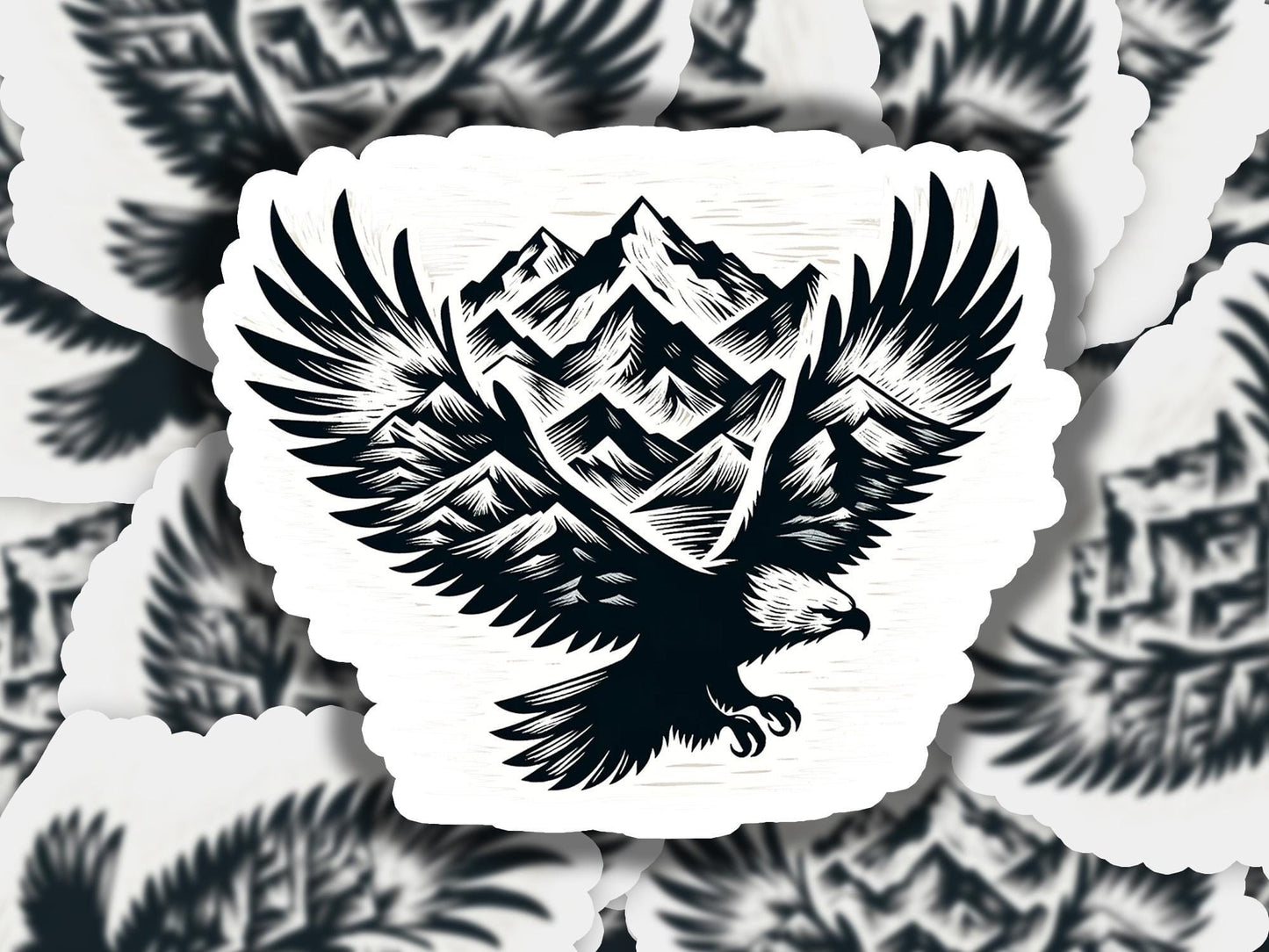 a black and white drawing of a bird with mountains in the background