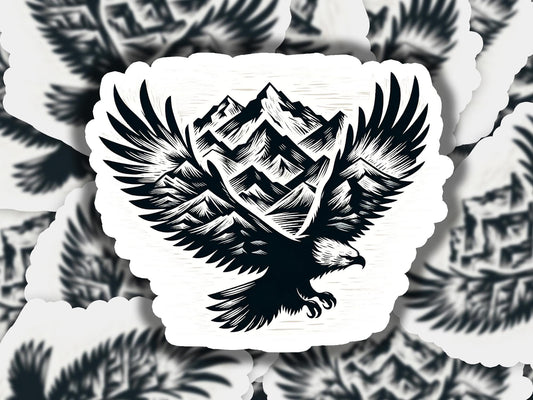 a black and white drawing of a bird with mountains in the background