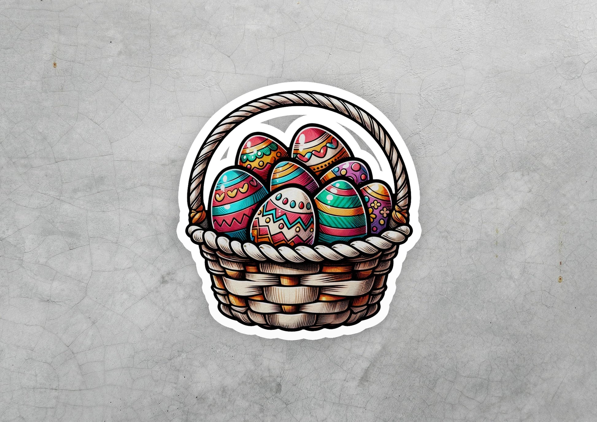 a sticker of a basket filled with painted eggs