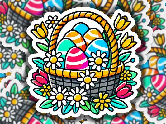 a sticker of an easter basket with flowers and eggs