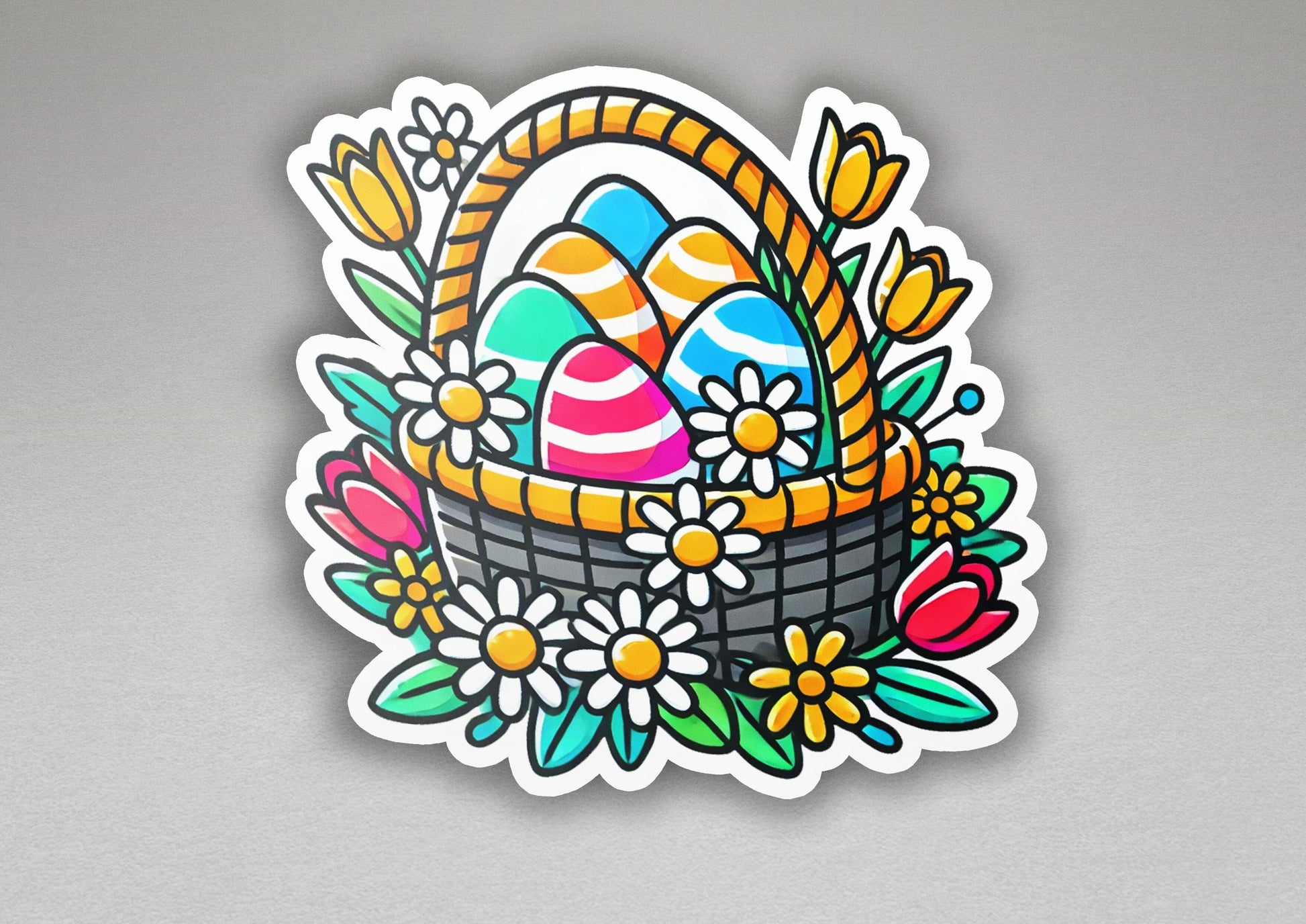 a sticker of a basket with eggs and flowers