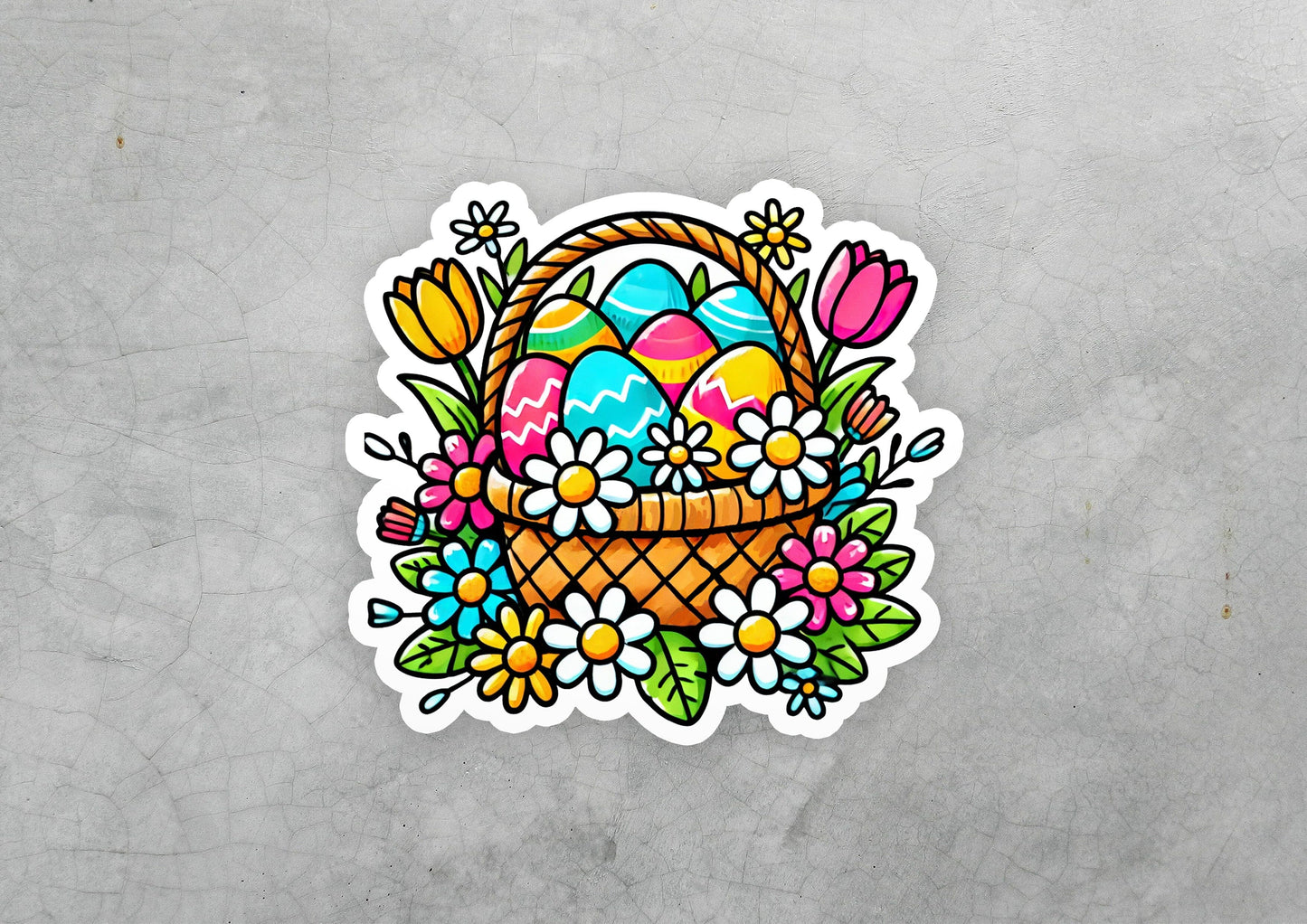 a sticker of an easter basket with eggs and flowers