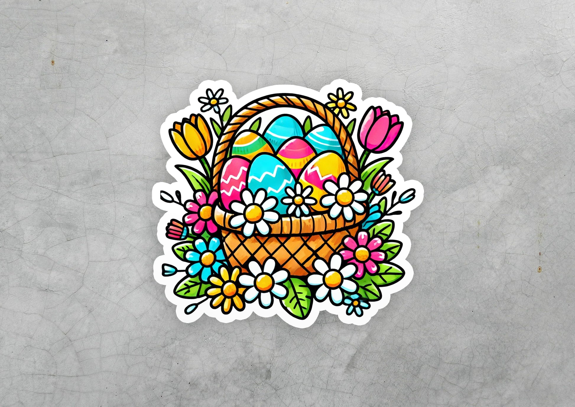 a sticker of an easter basket with eggs and flowers