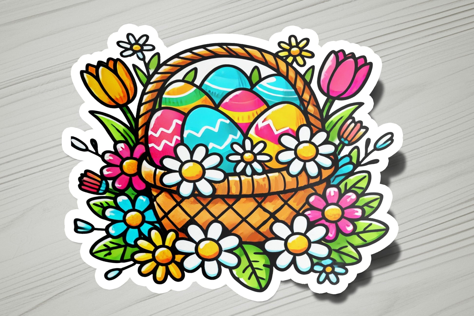 a sticker of a basket with eggs and flowers