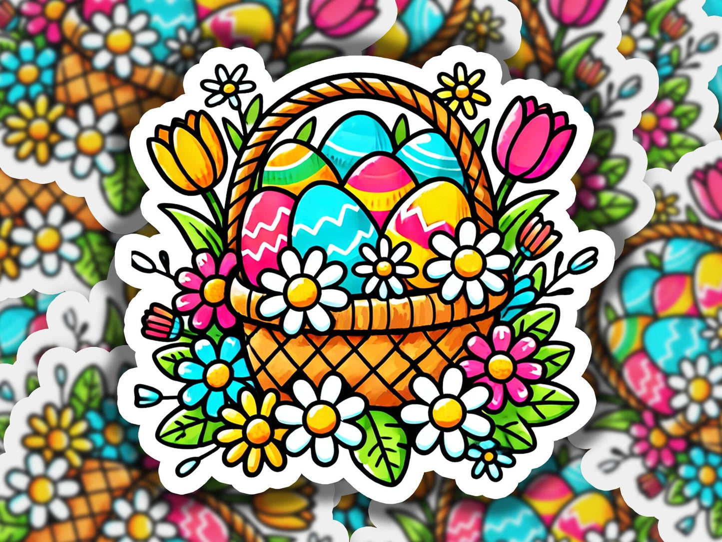 a sticker of an easter basket with eggs and flowers