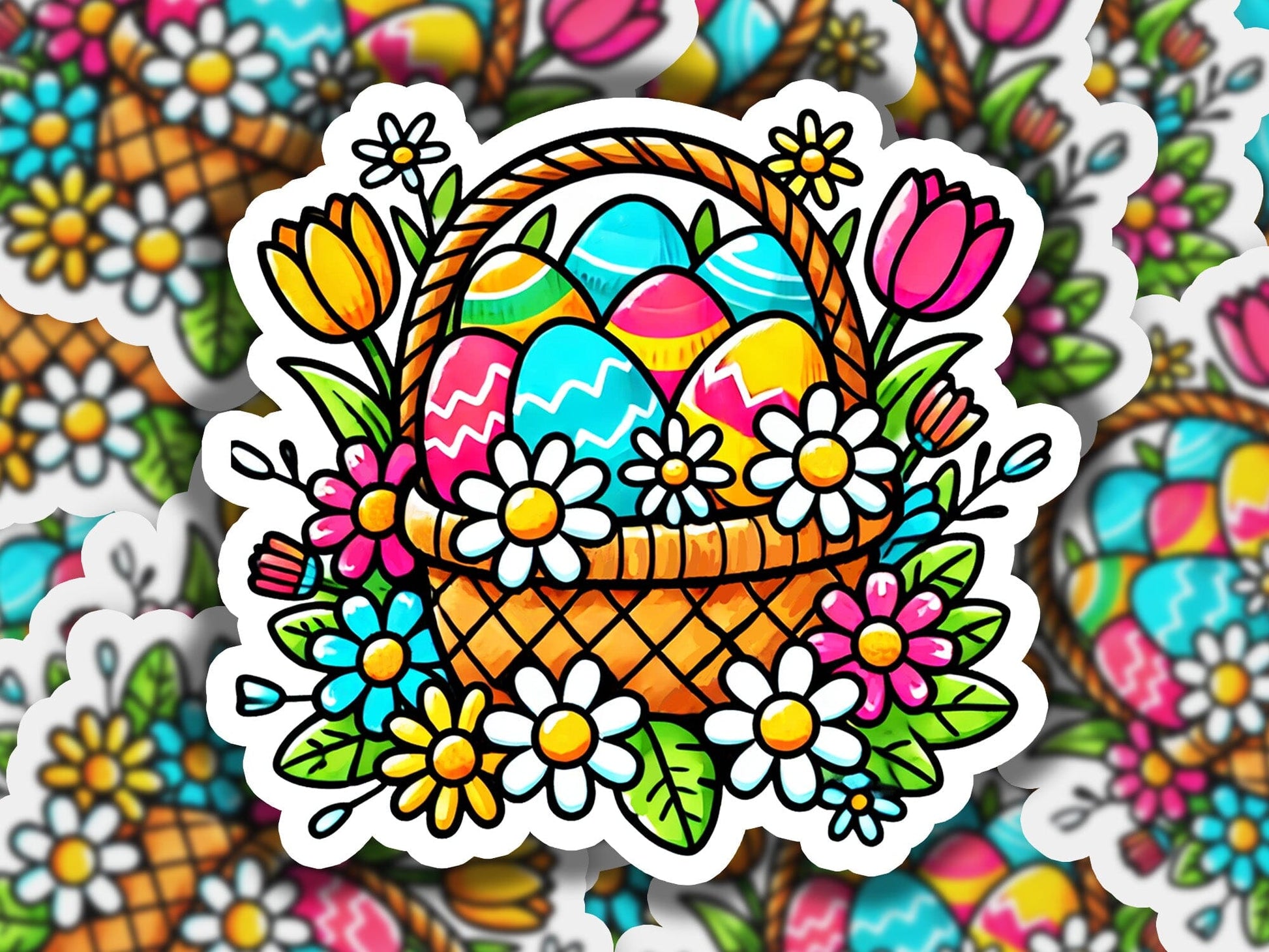 a sticker of an easter basket with eggs and flowers