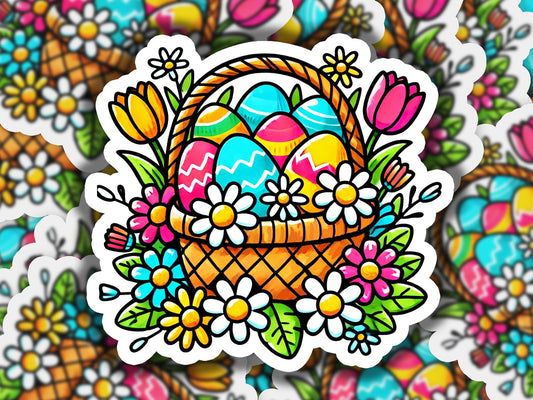 a sticker of an easter basket with eggs and flowers