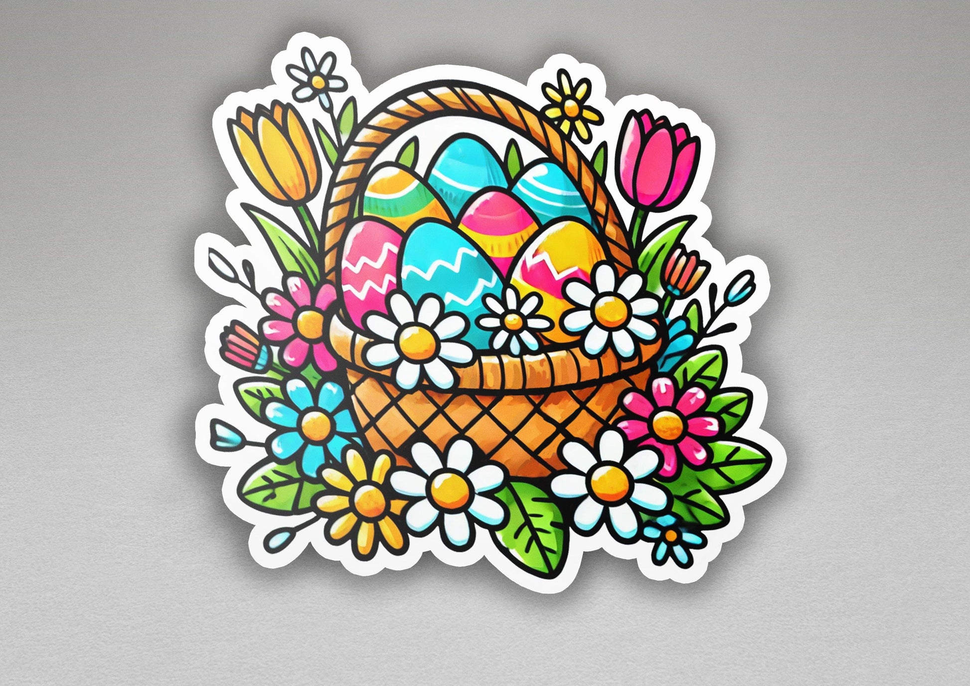 a sticker of a basket with eggs and flowers