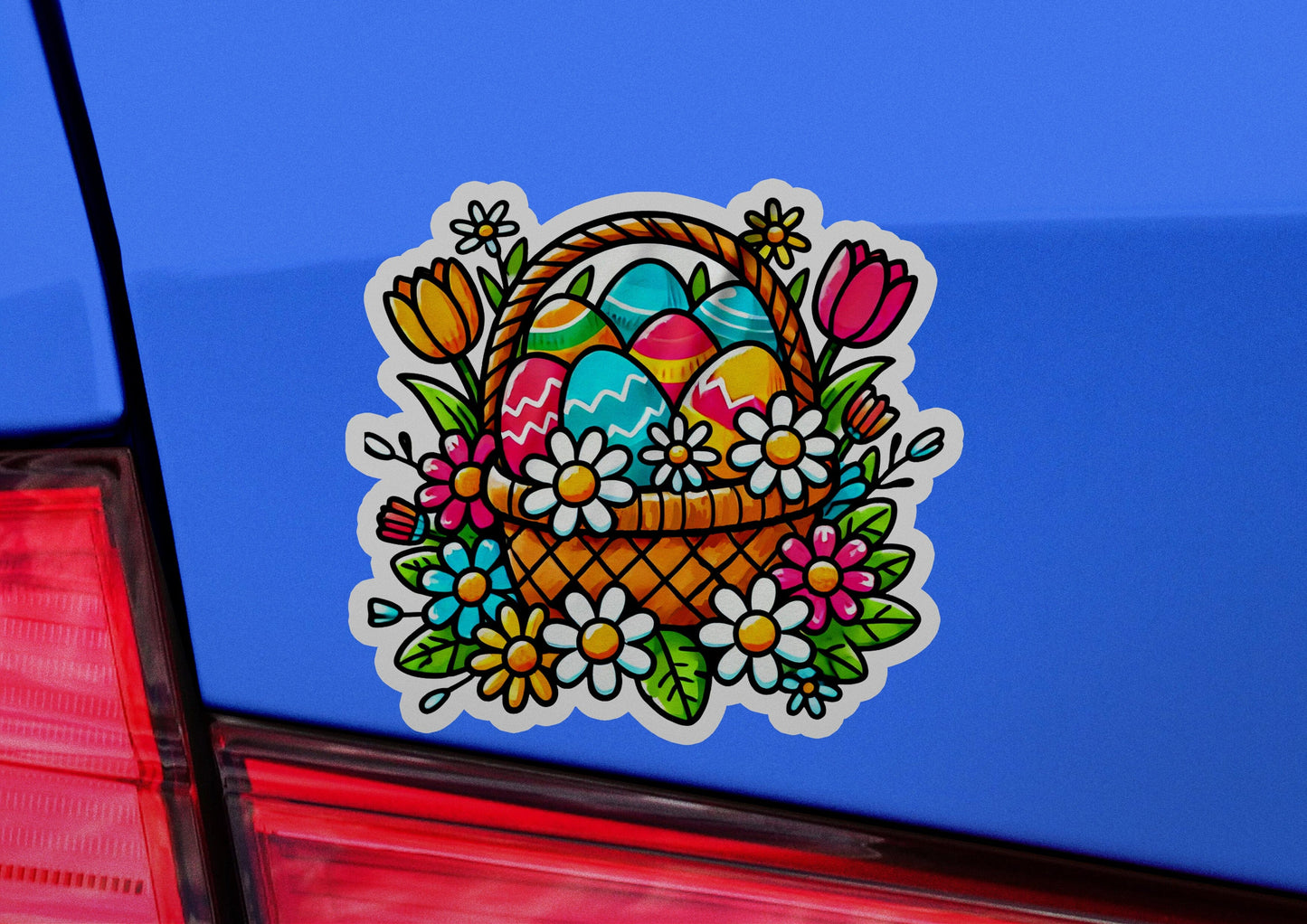 a sticker of an easter basket with eggs and tulips
