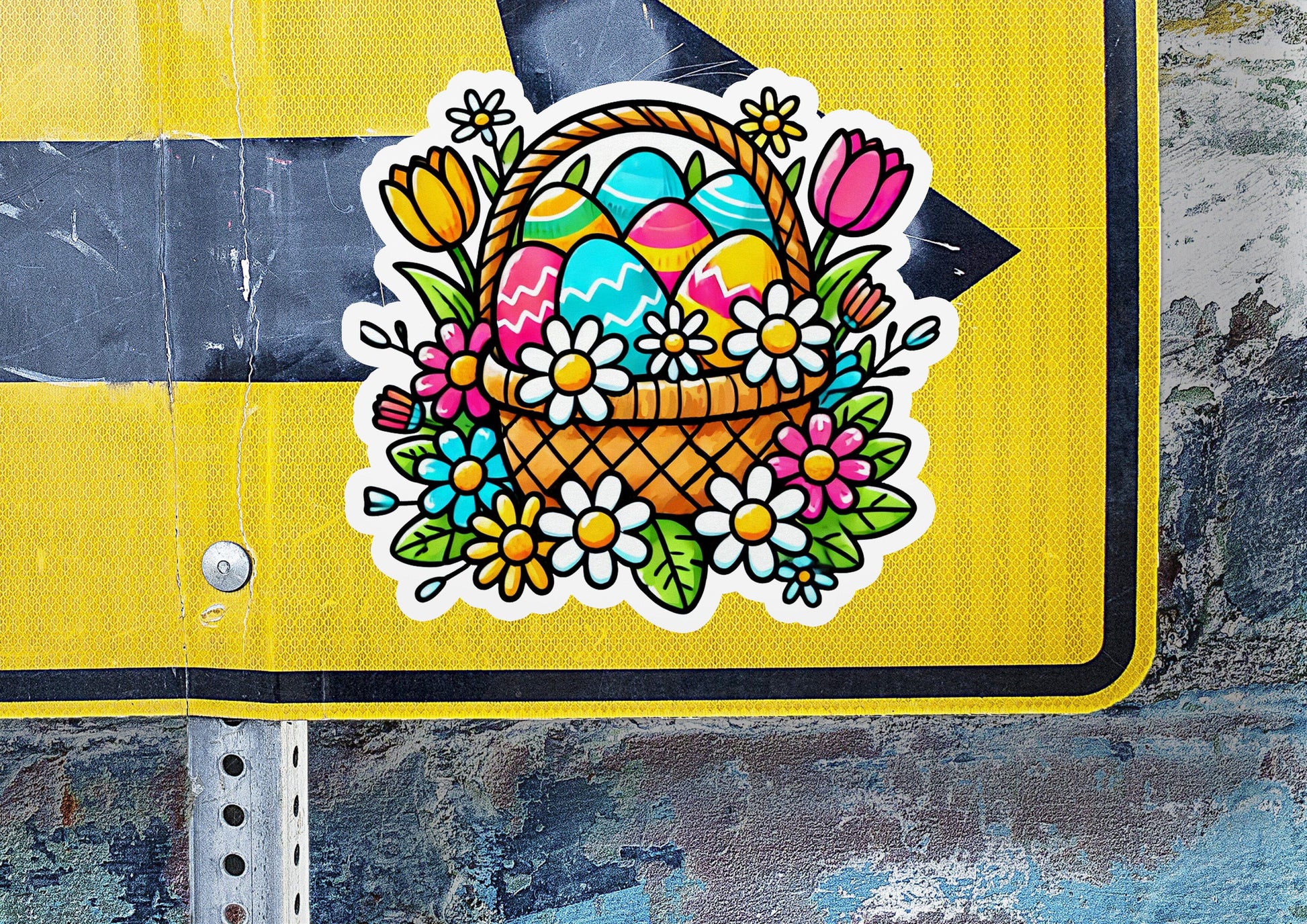 a sticker of a basket of eggs on a street sign