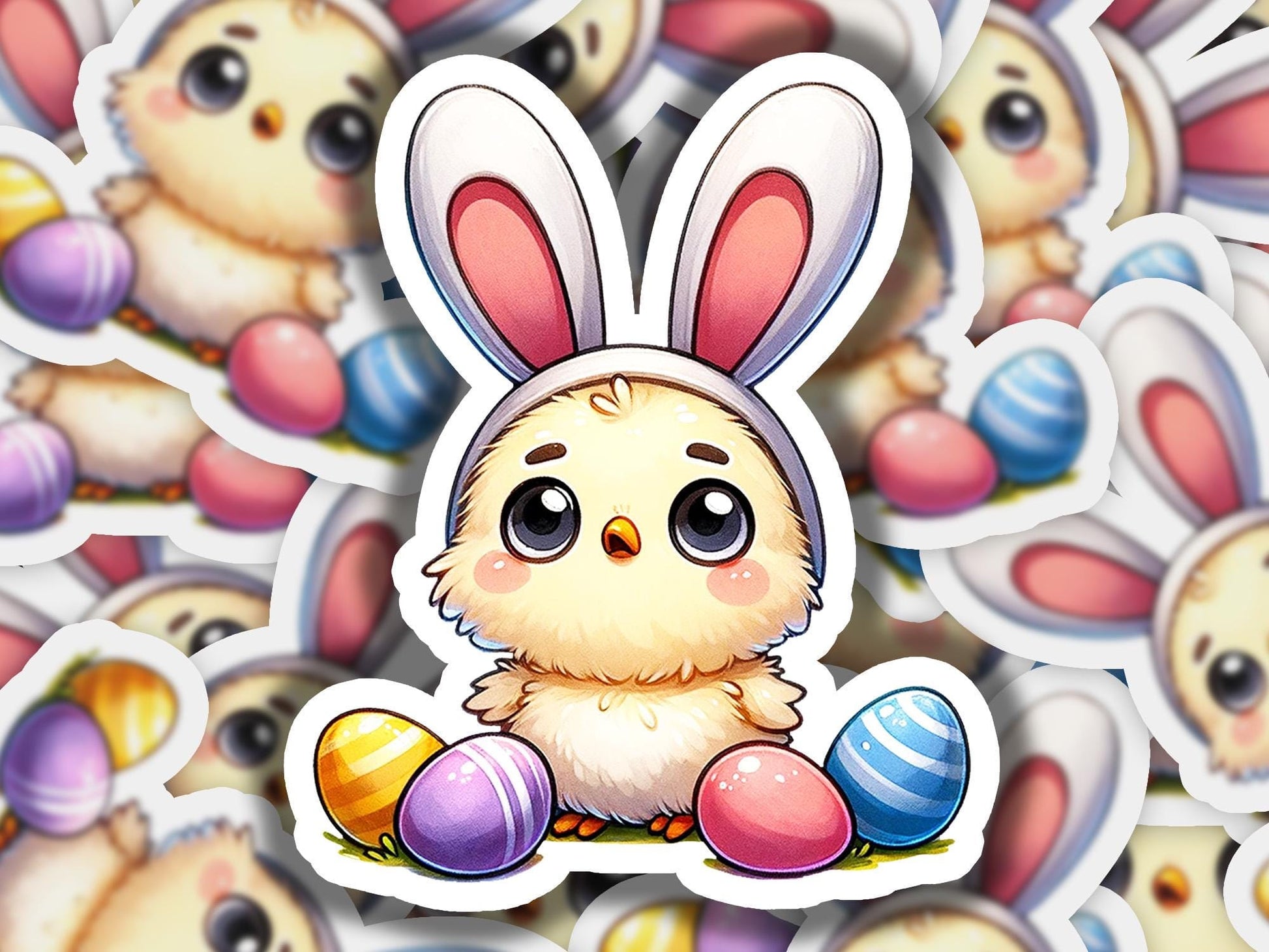 a sticker of an easter chick surrounded by eggs