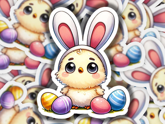 a sticker of an easter chick surrounded by eggs