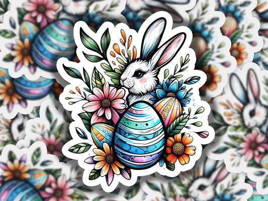 a sticker of a bunny with flowers on it