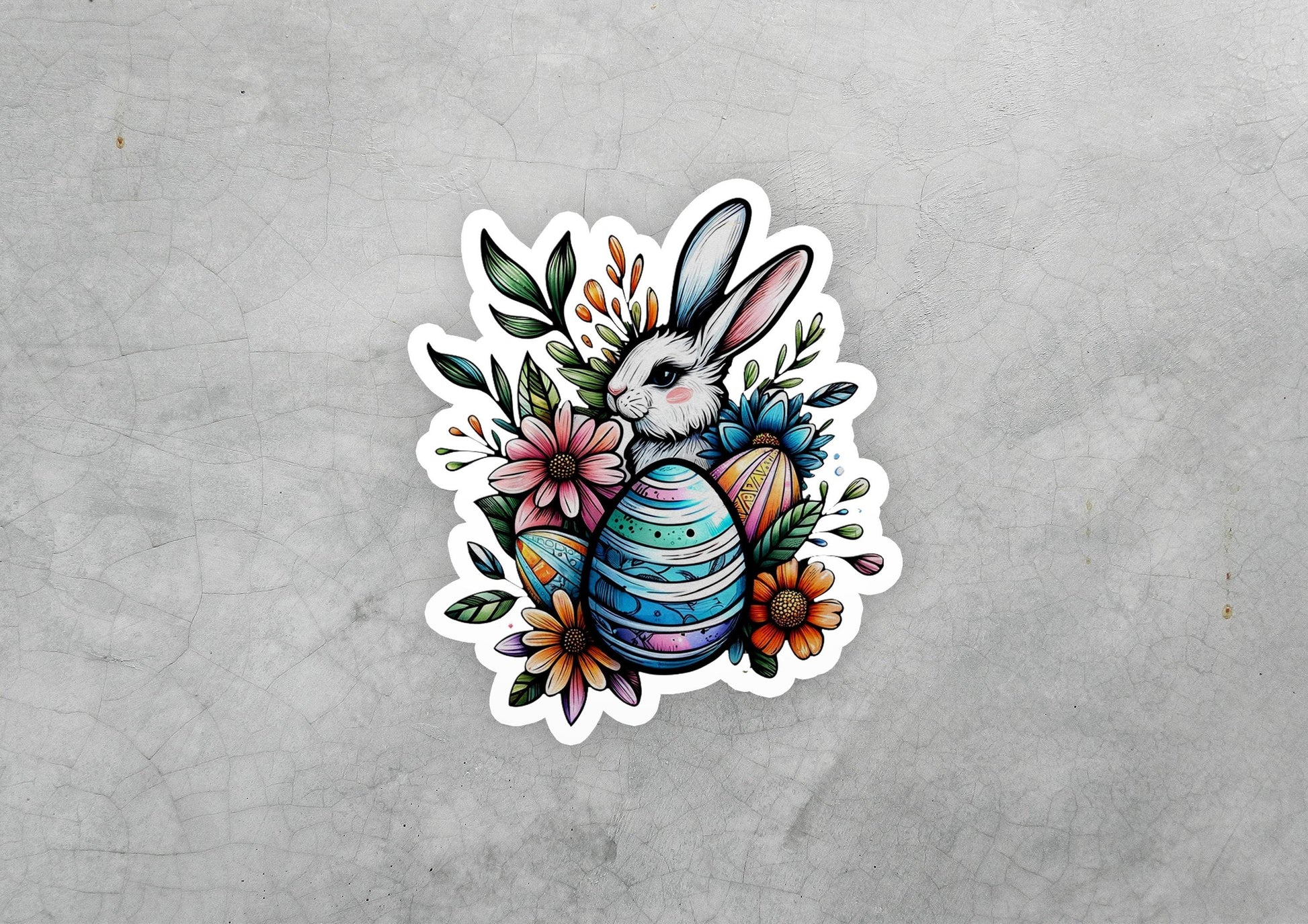a sticker of a bunny with flowers and an egg