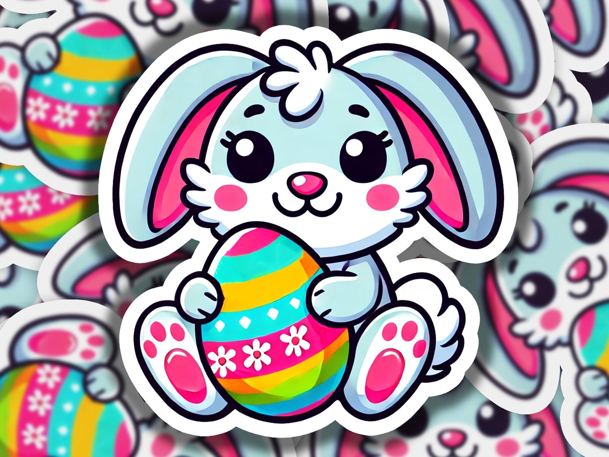 a sticker of a bunny holding an easter egg