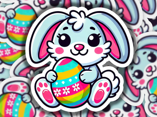 a sticker of a bunny holding an easter egg