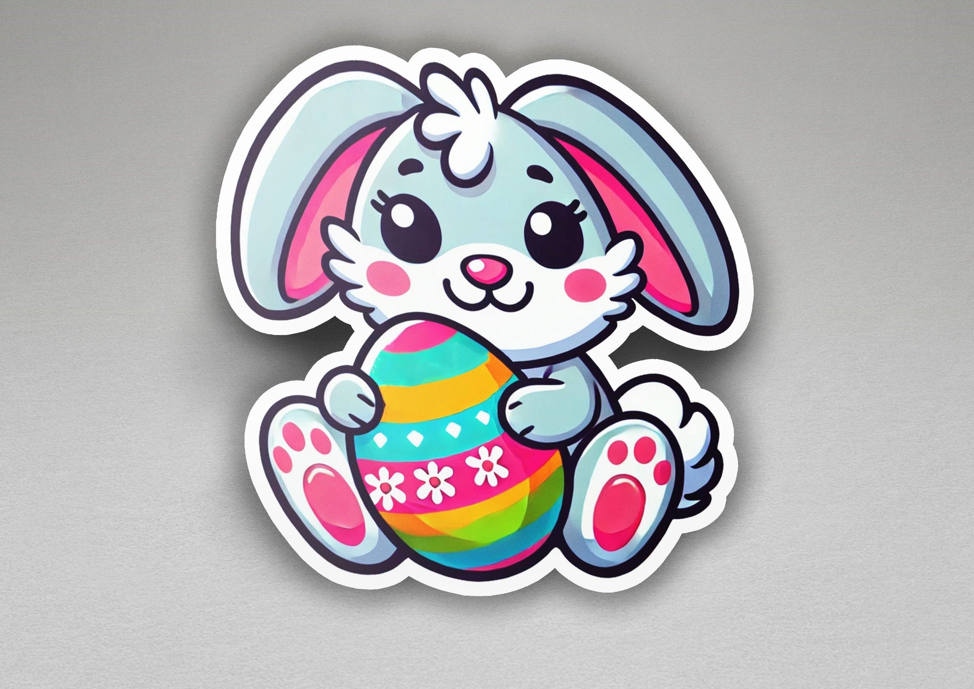 a sticker of a bunny holding an easter egg