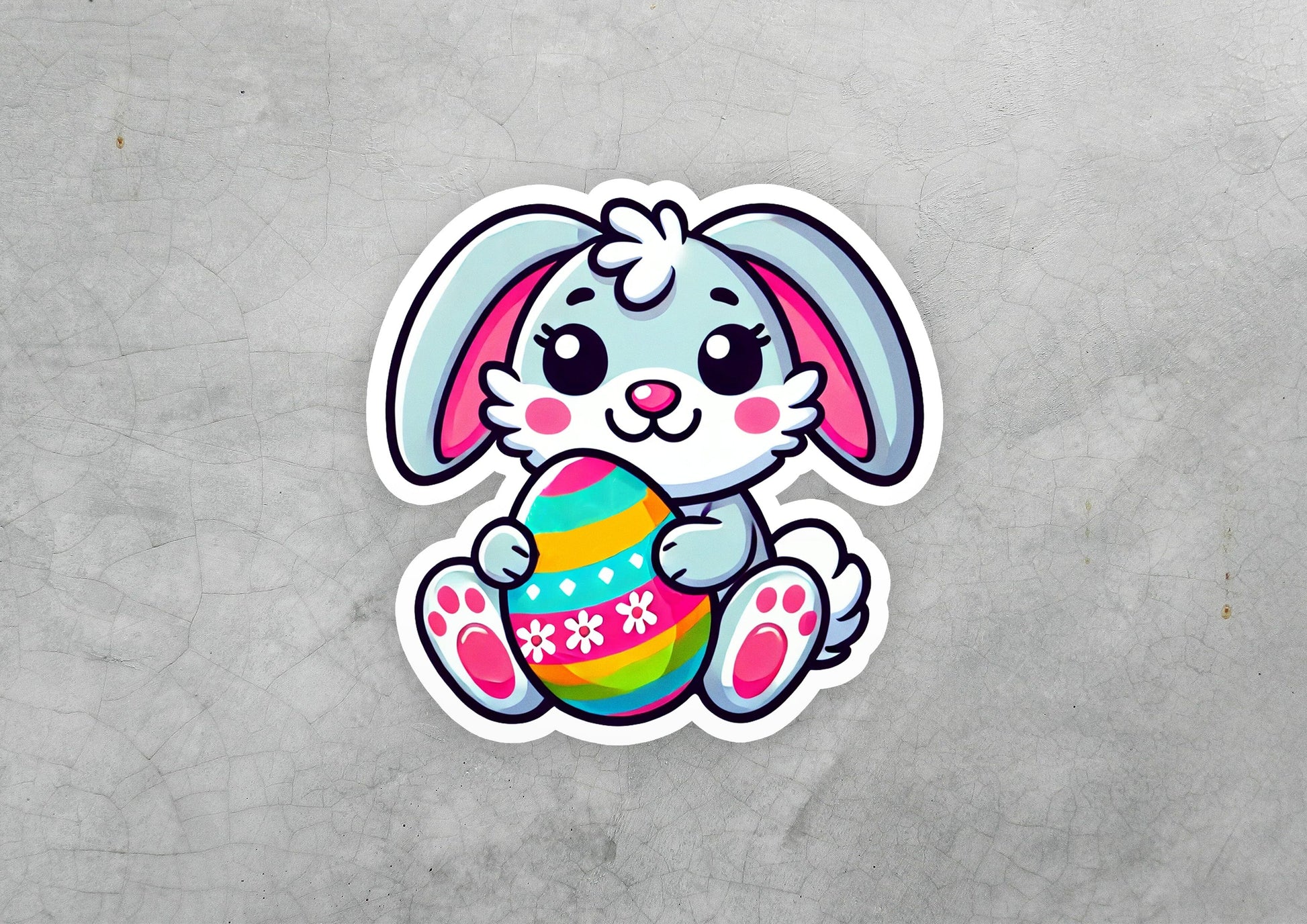 a sticker of a bunny holding an easter egg