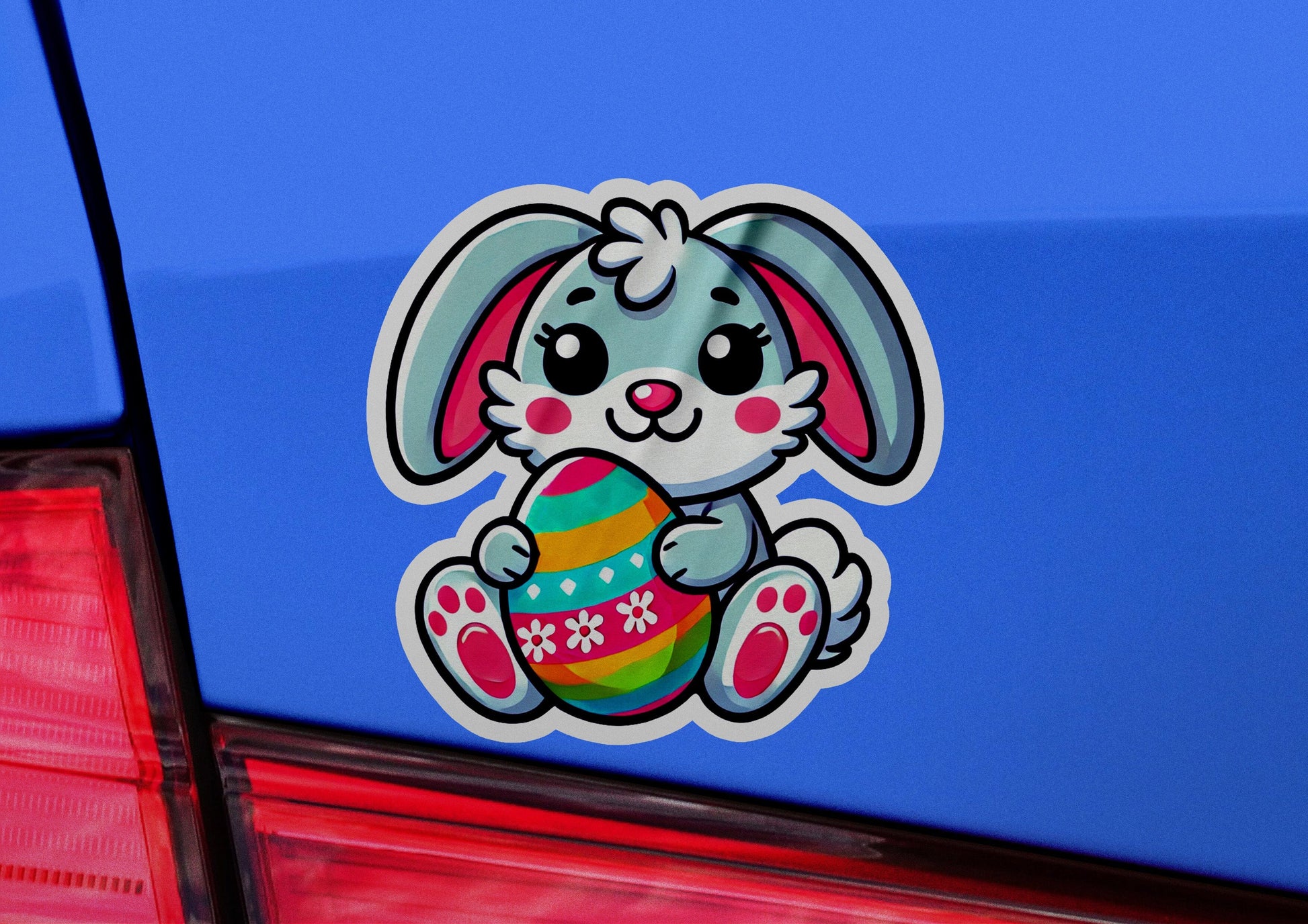 a sticker of a bunny holding an easter egg