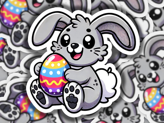 a sticker of a bunny holding an easter egg