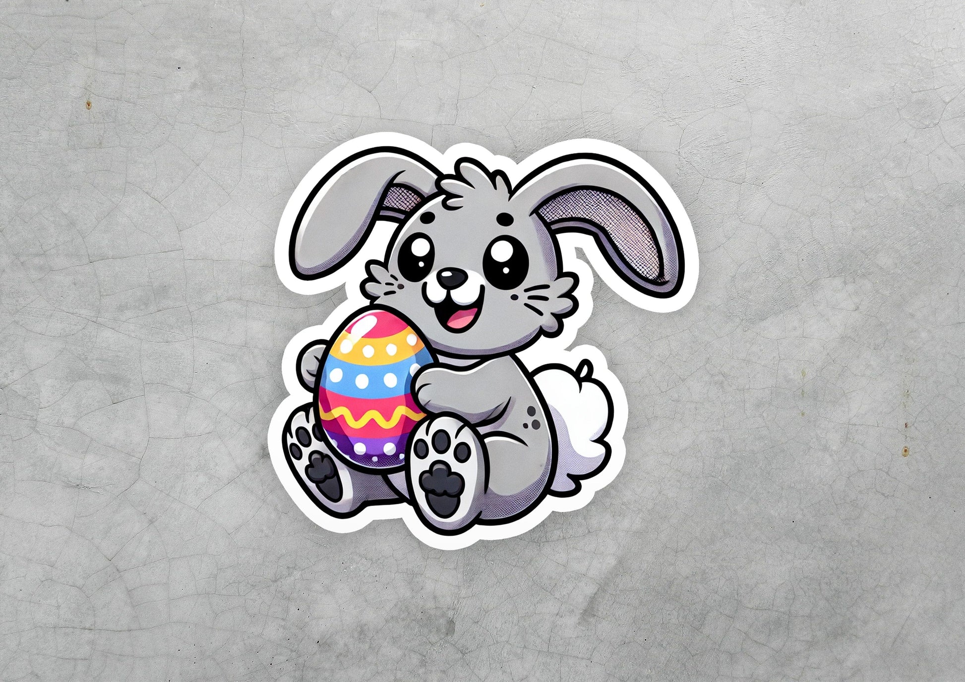 a sticker of a bunny holding an easter egg