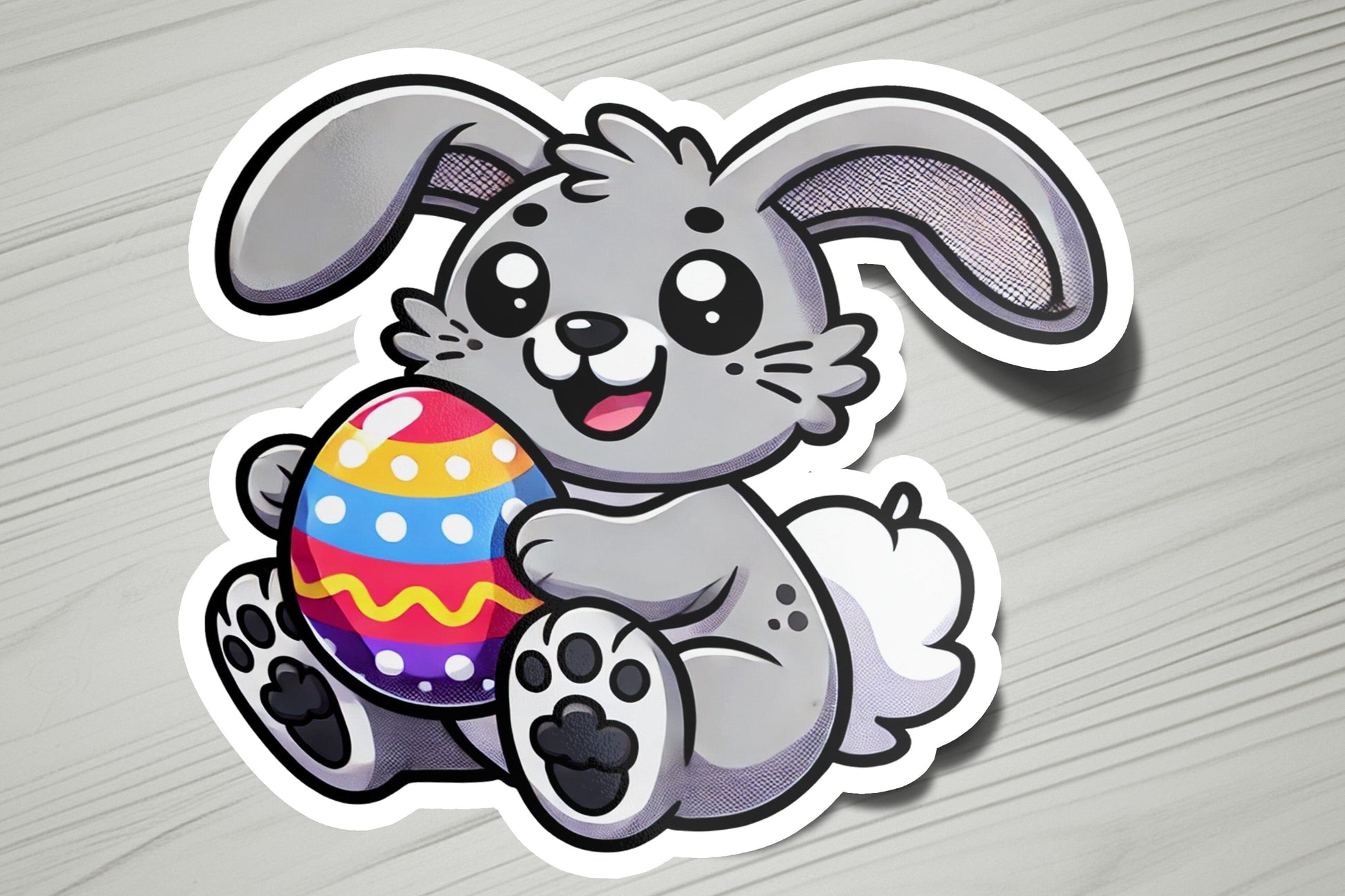 a sticker of a bunny holding an easter egg