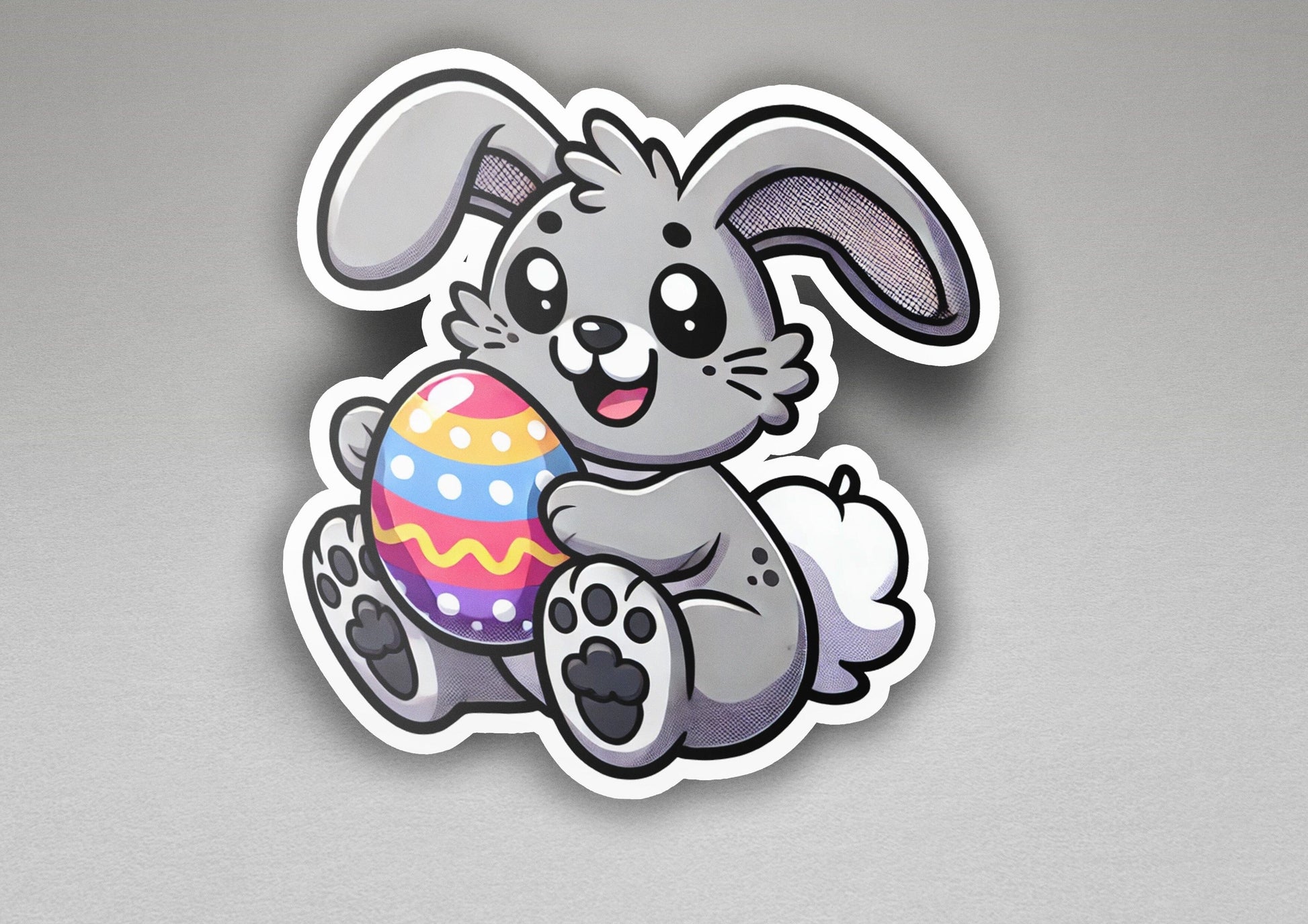 a sticker of a bunny holding an easter egg