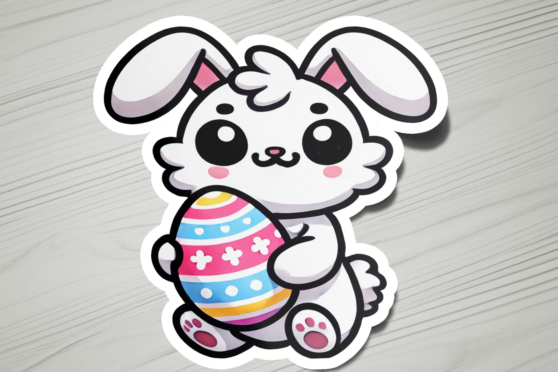 a sticker of a bunny holding an easter egg