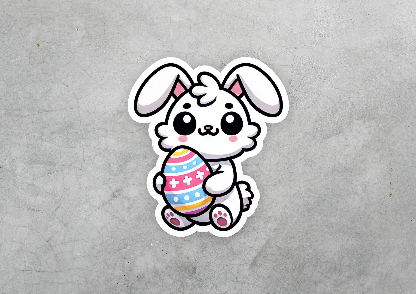 a sticker of a bunny holding an easter egg