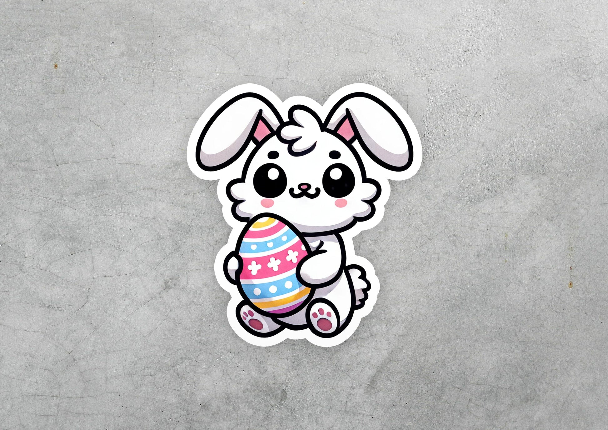 a sticker of a bunny holding an easter egg