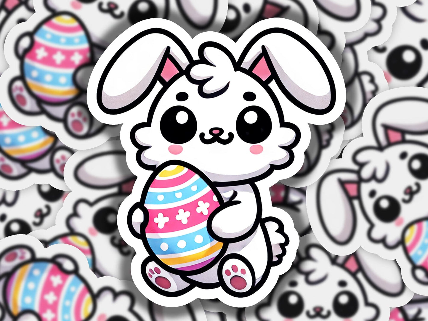 a sticker of a bunny holding an easter egg