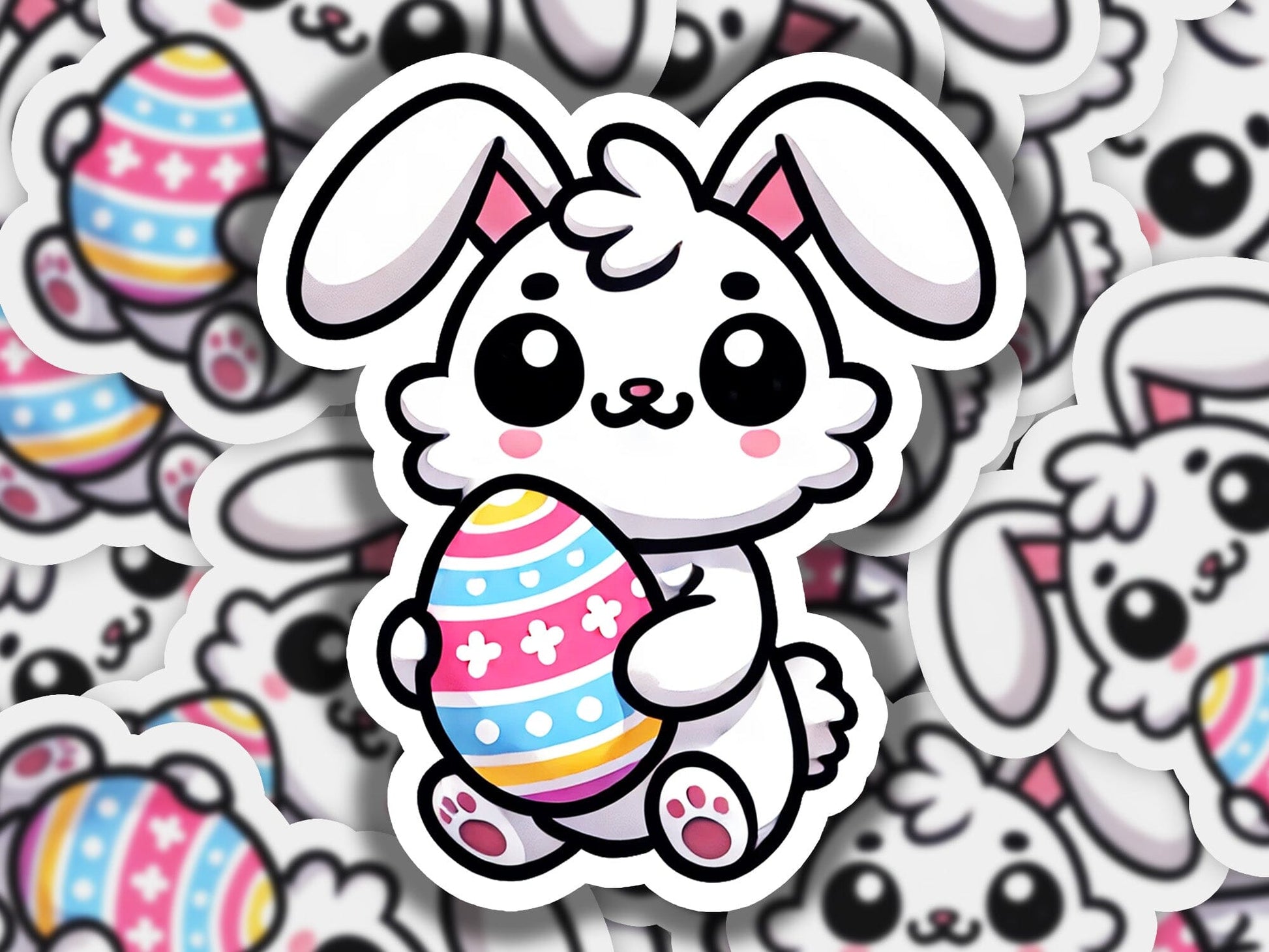 a sticker of a bunny holding an easter egg