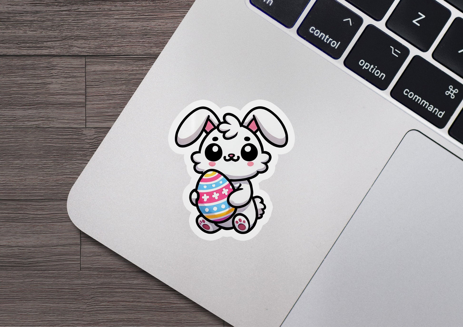 a laptop with a sticker of a dog with an easter egg