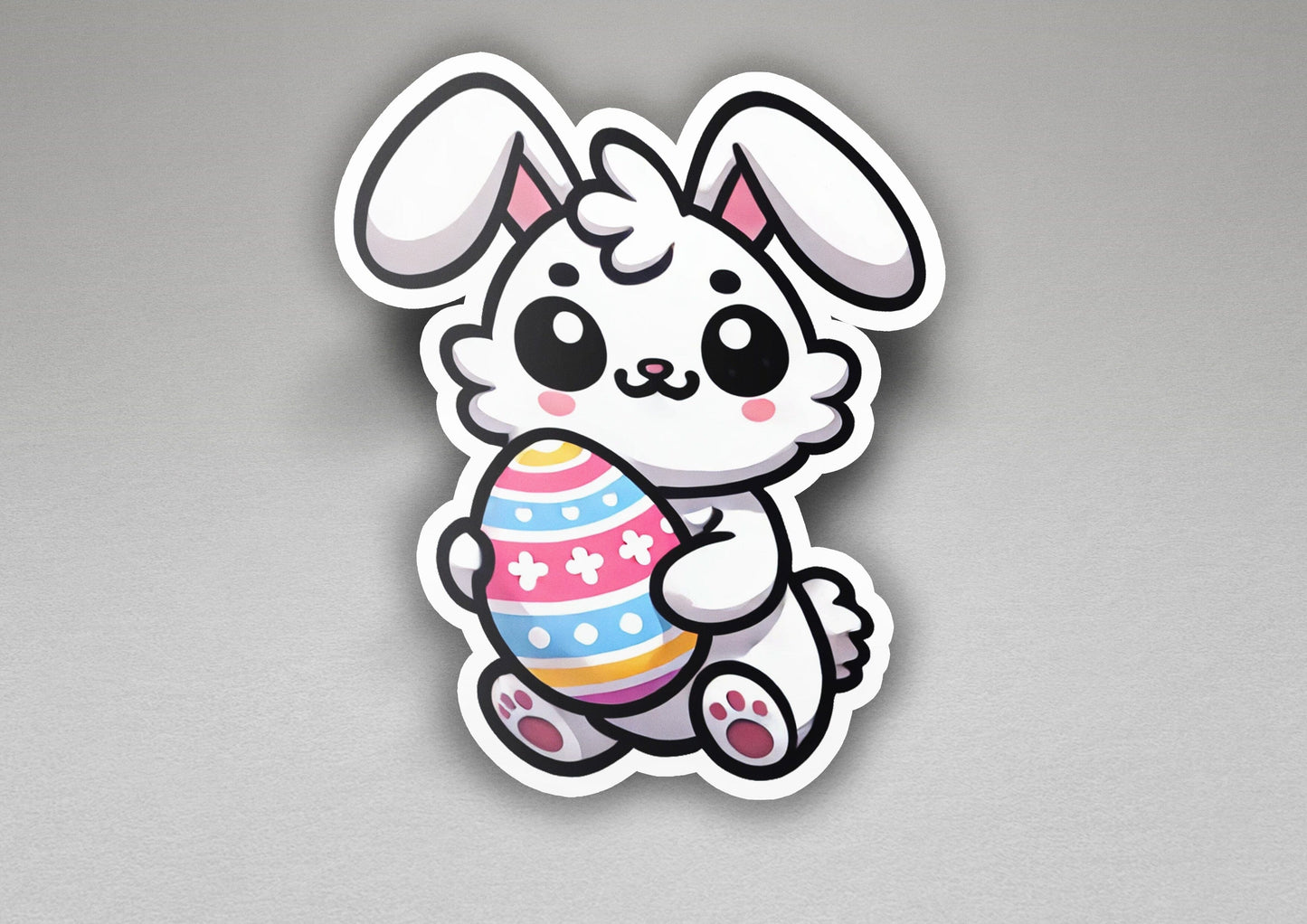 a sticker of a bunny holding an easter egg