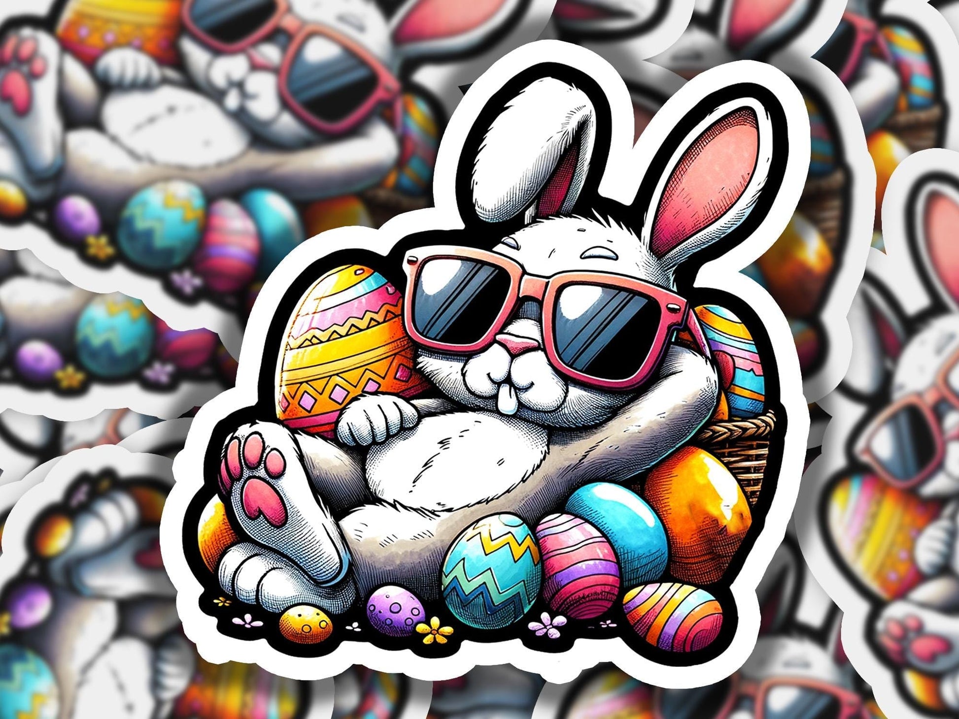 a sticker of a bunny with sunglasses and a basket of eggs