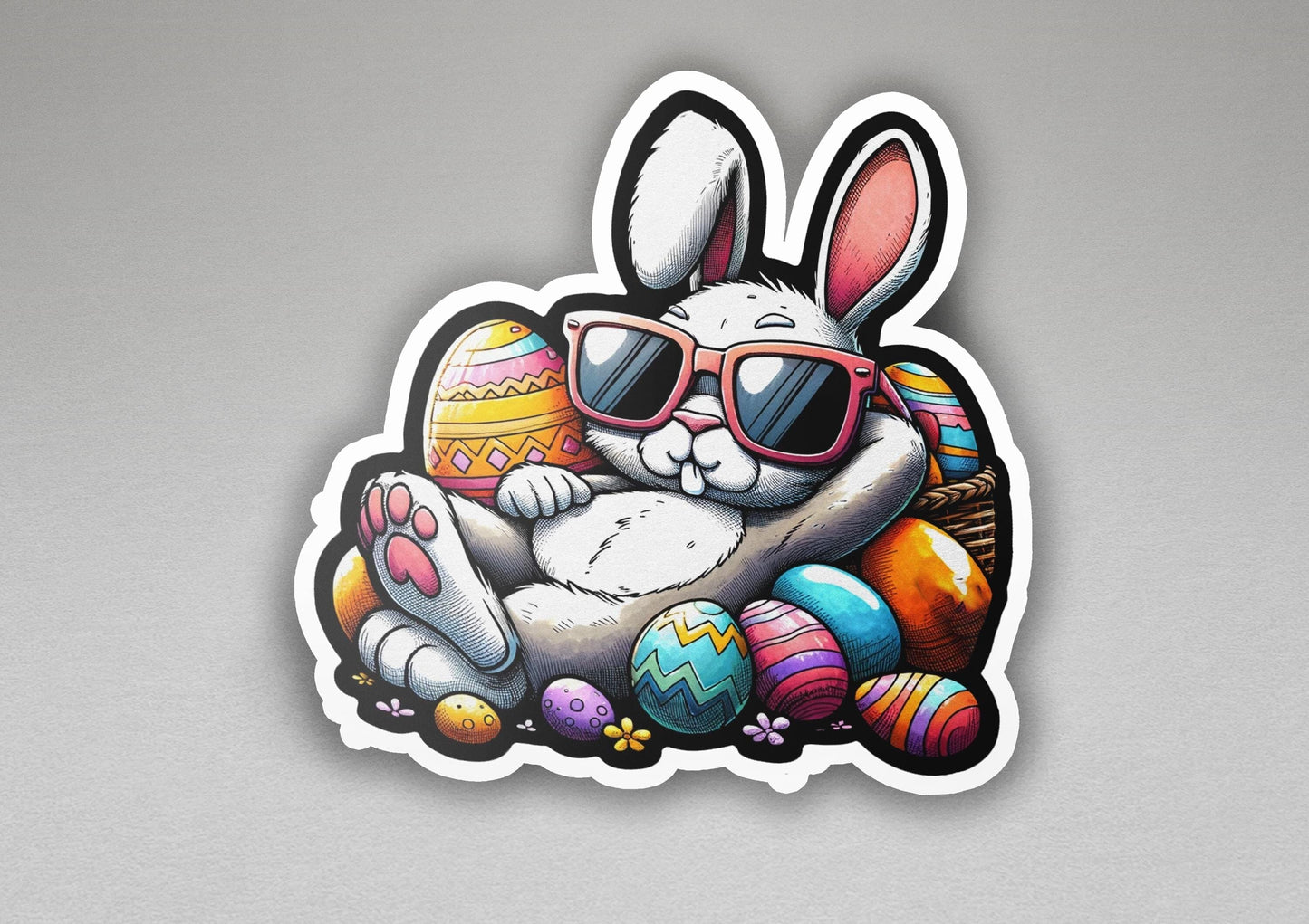 a sticker of a bunny with sunglasses and a basket of eggs