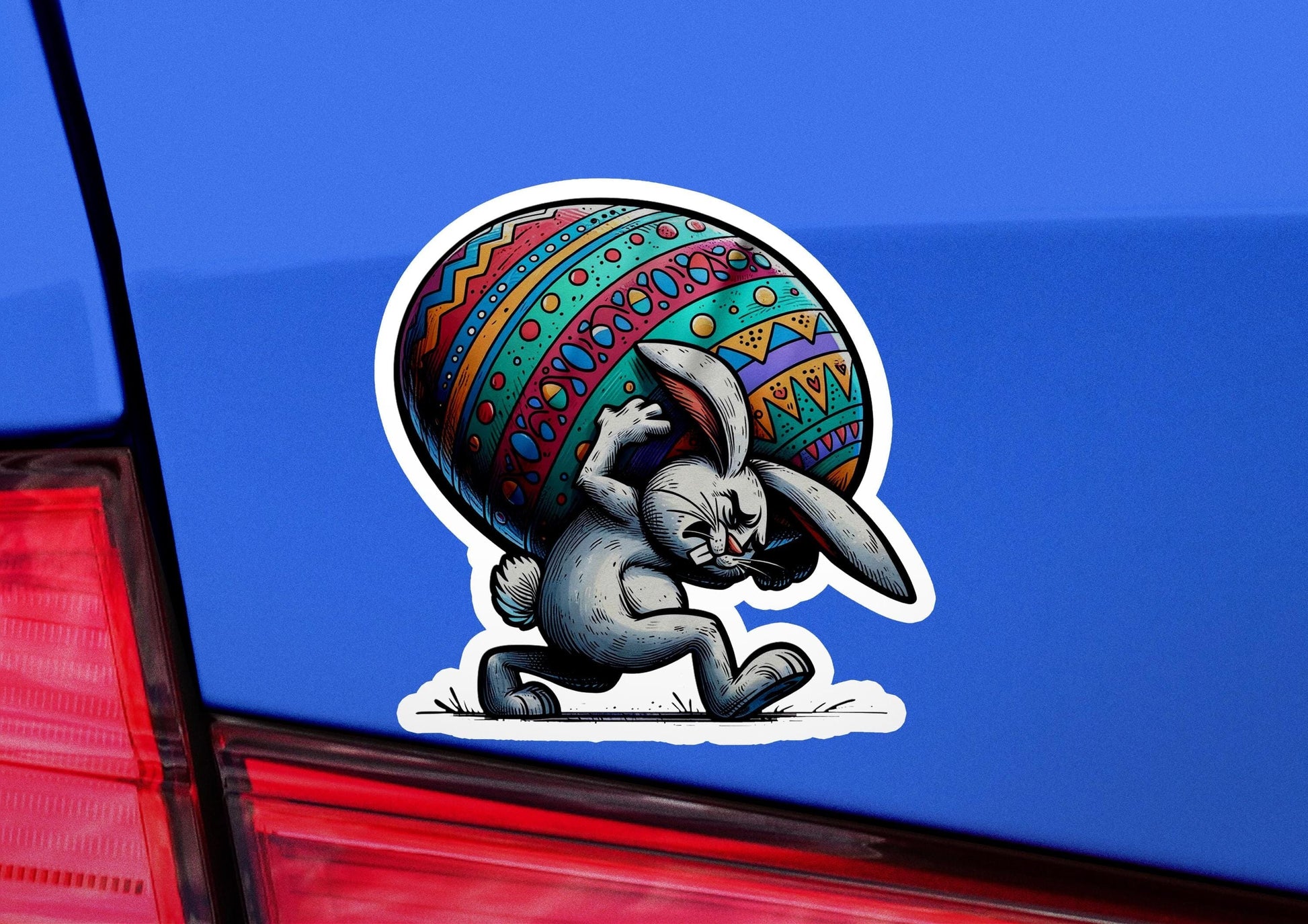 a sticker of a rabbit carrying a large easter egg