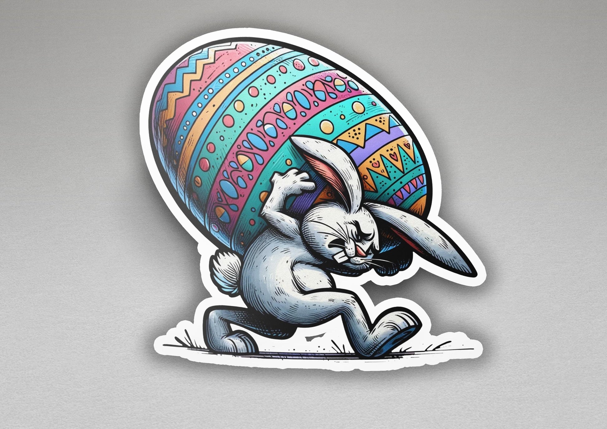 a sticker of a rabbit carrying an easter egg