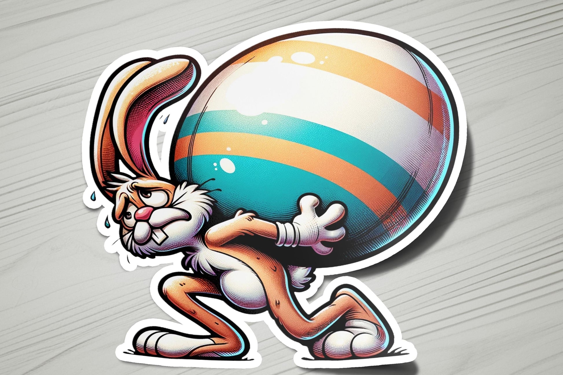 a sticker of a bunny carrying a large ball