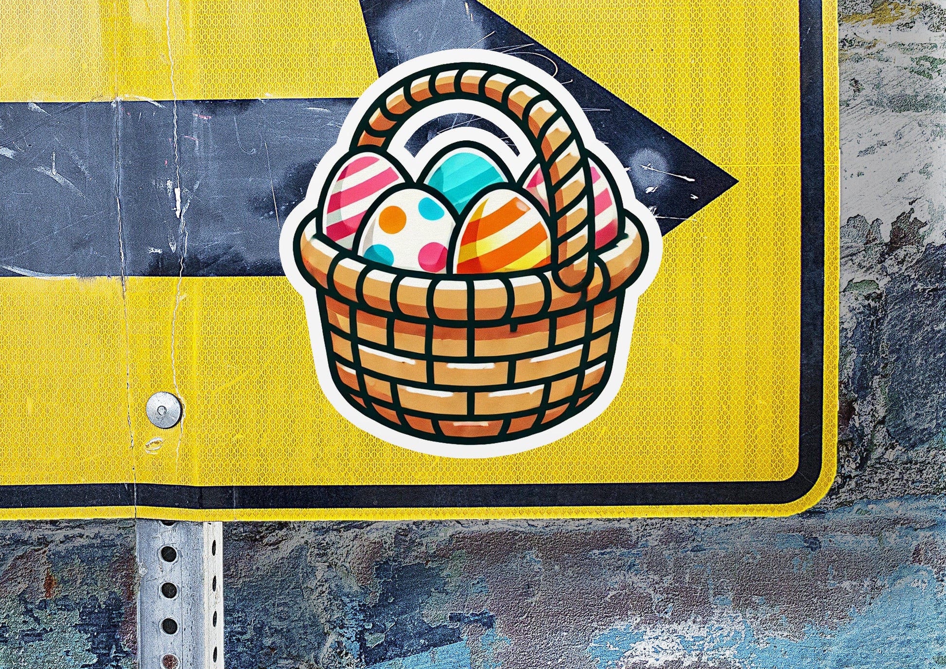 a street sign with a basket of eggs on it