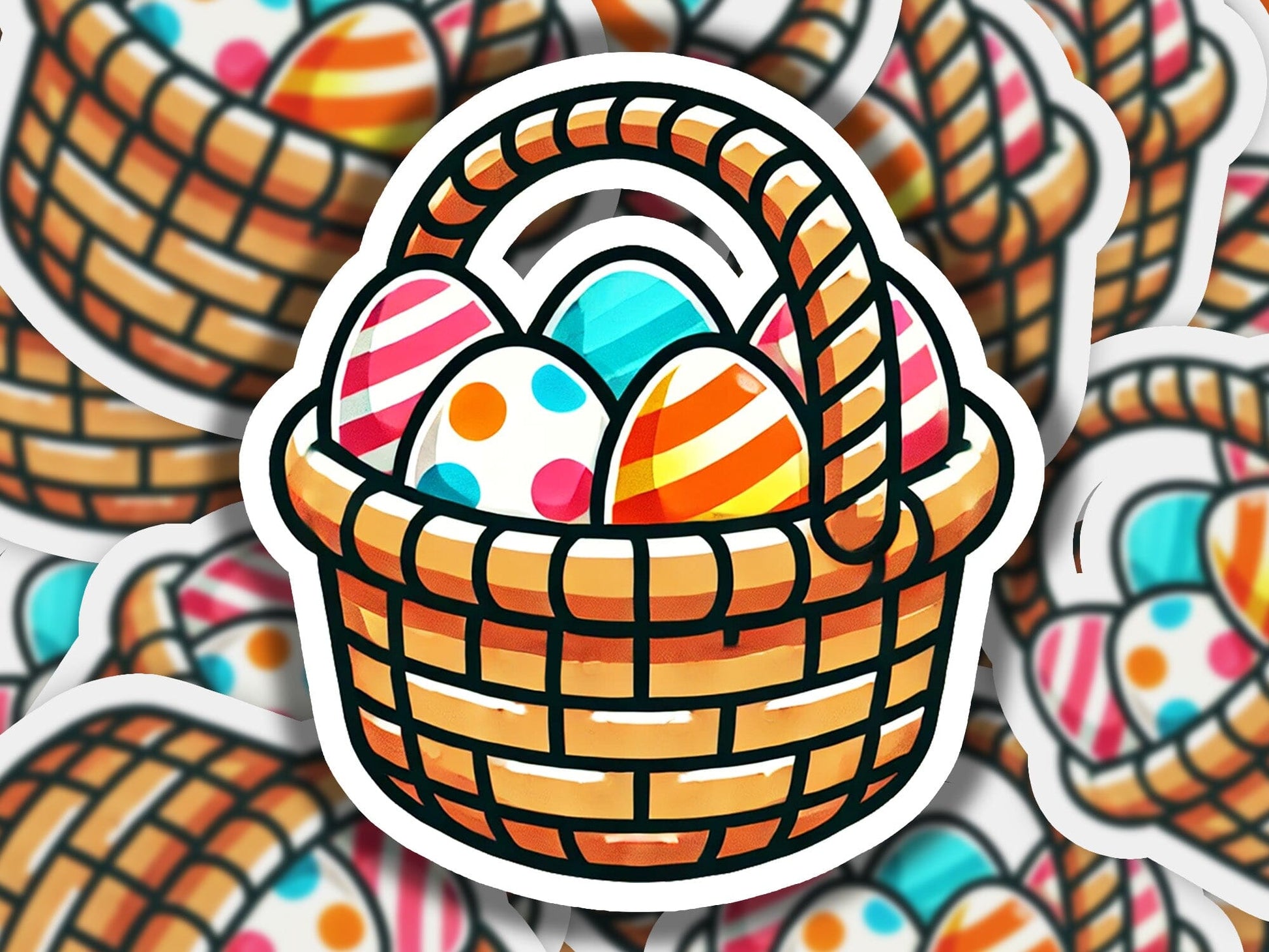 a sticker of a basket filled with eggs