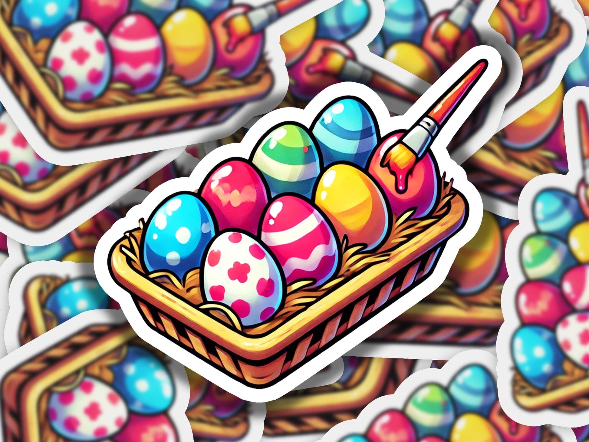 a sticker of a basket full of colorful eggs