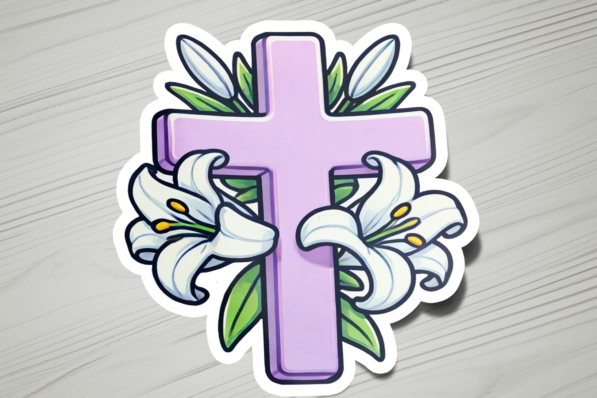 a sticker of a cross with flowers on it