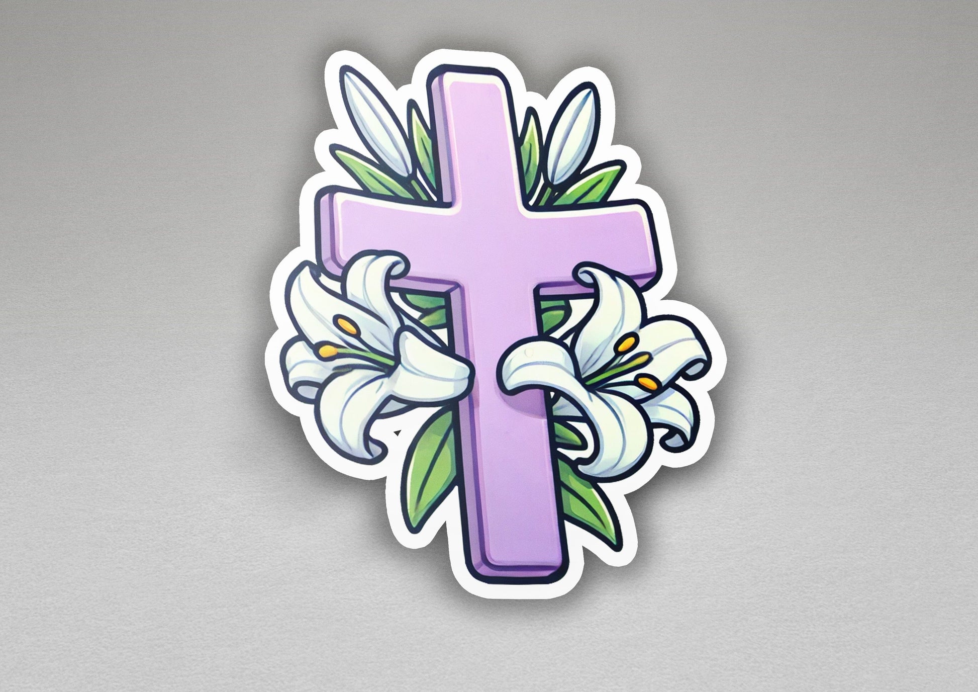 a sticker of a cross with flowers on it