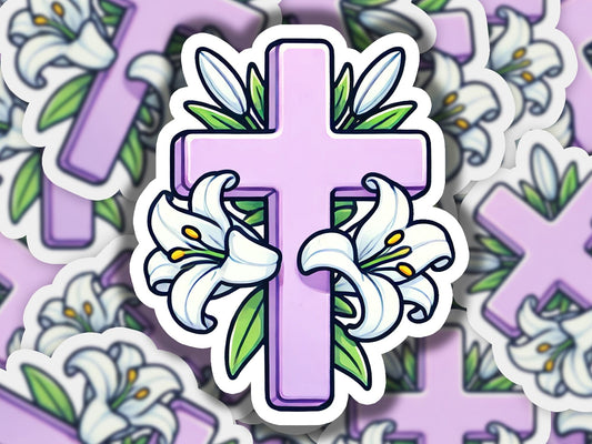 a sticker of a cross with flowers on it