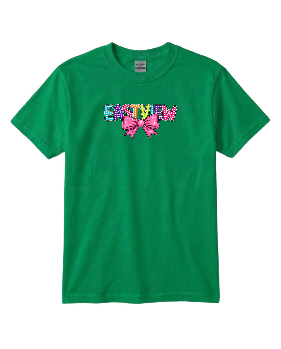 A green t-shirt with the word "EASTVIEW" printed on it, along with a bow graphic.
